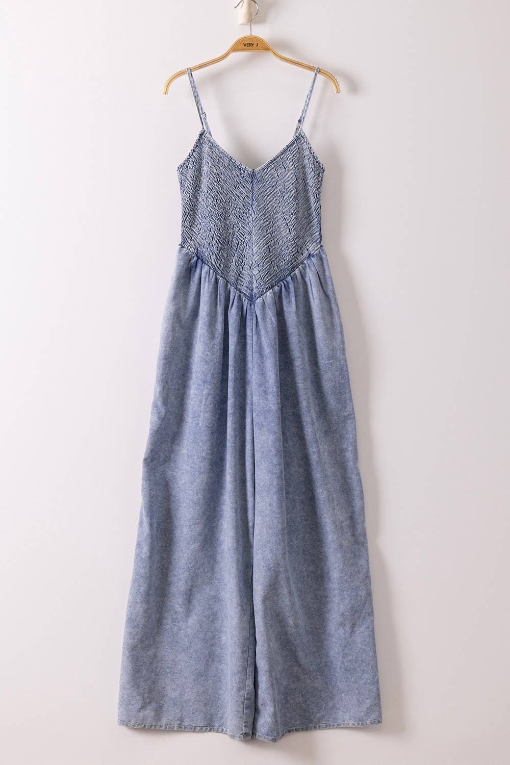 Smocking Torso Washed Chambray Jumpsuit