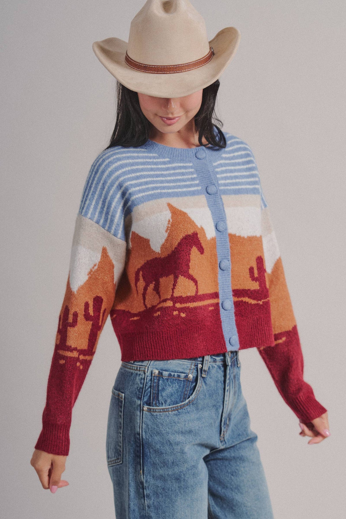 Western Desert Scene Cropped Button Cardigan
