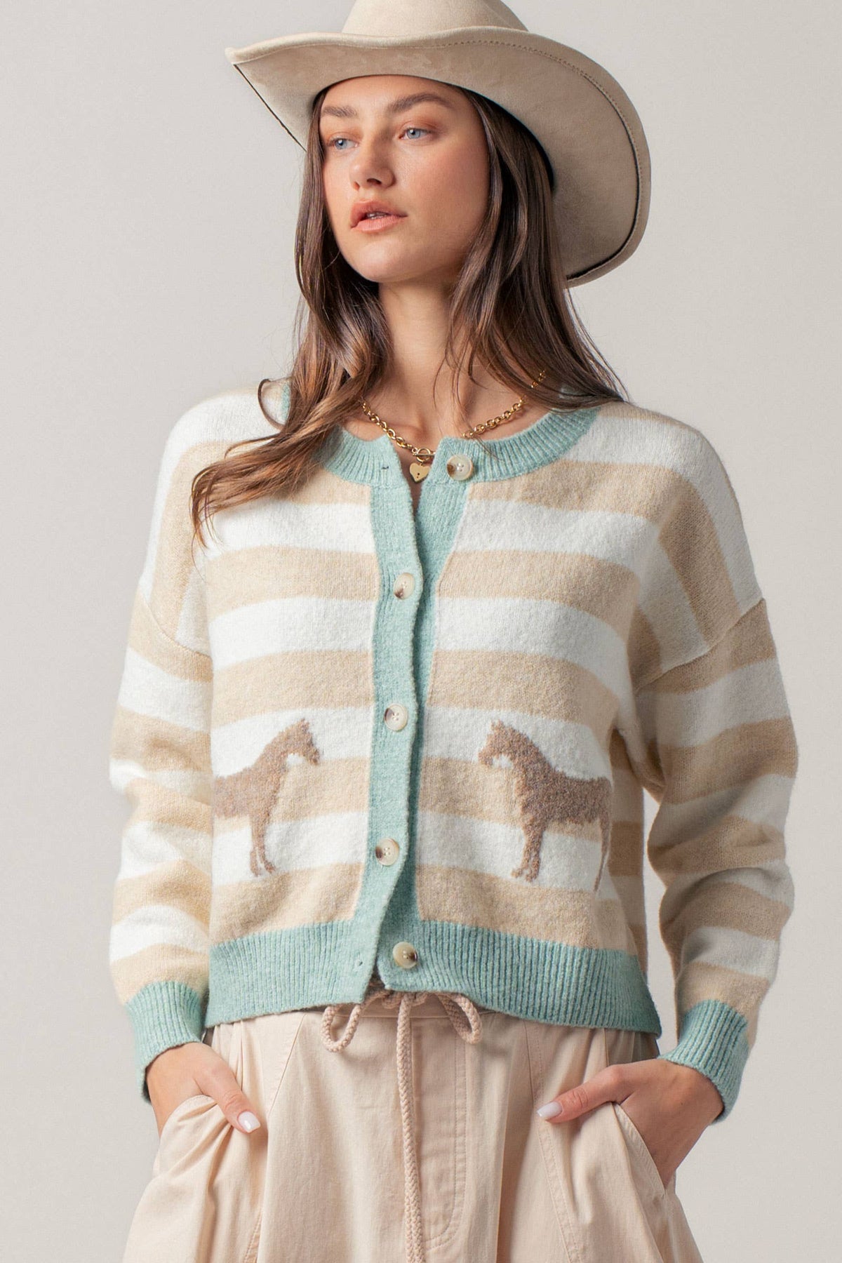 Horse Jacquard Striped Crew Neck Cardigan