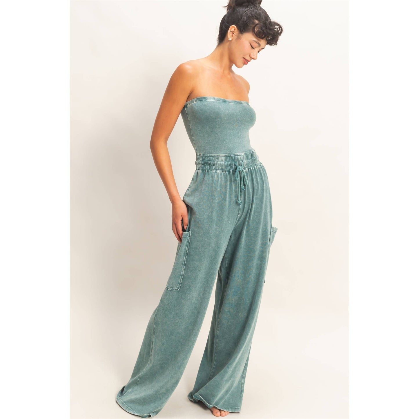 Mineral Wash Strapless Wide-Leg Jumpsuit