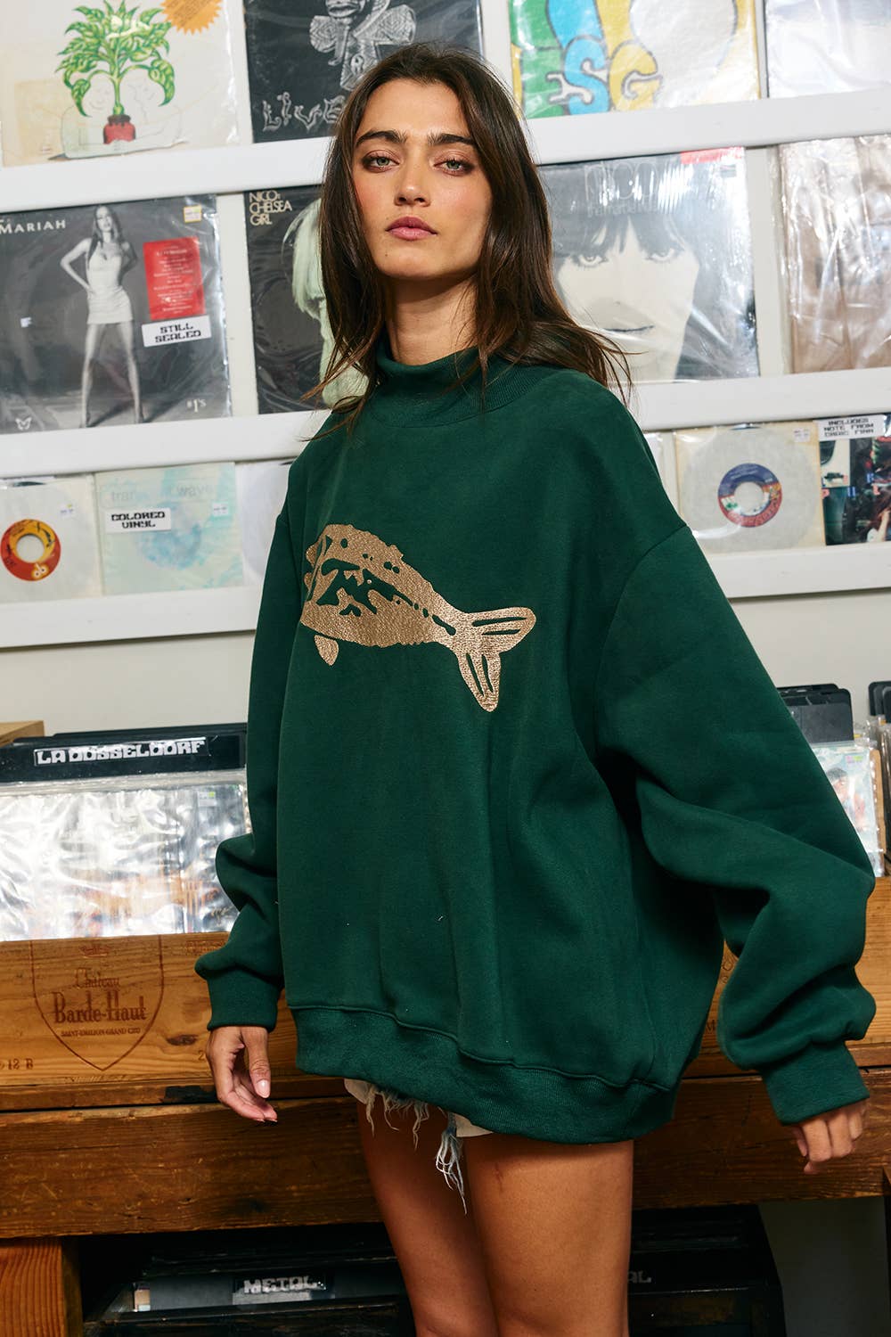 Fish-Embroidered Mock-Neck Sweatshirt