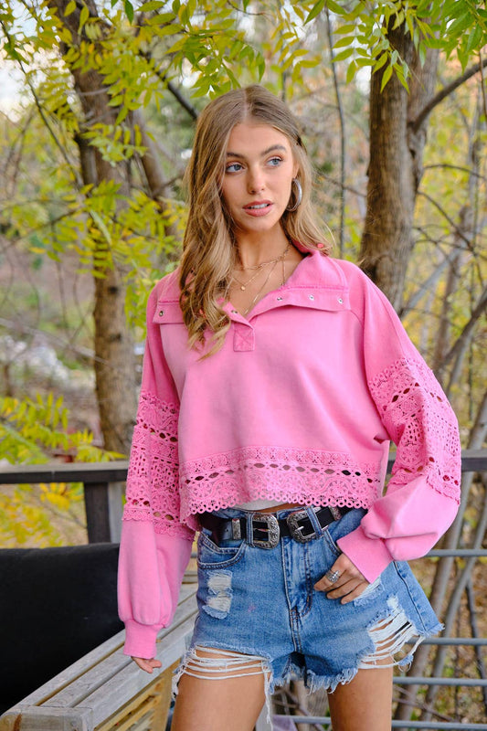Garment Washed Lace Edge Pullover