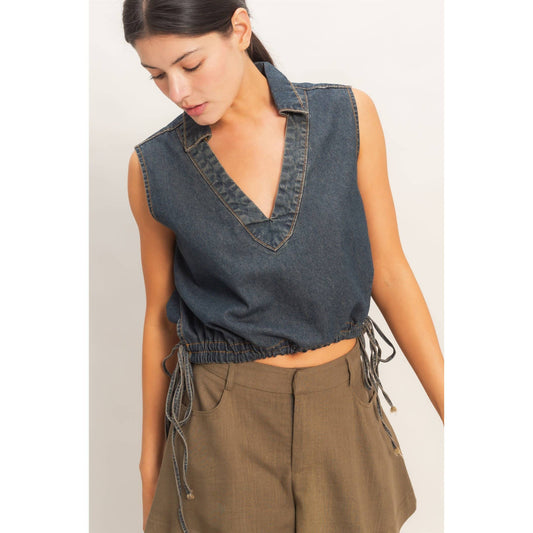 Collared V-Neck Drawstring Tank