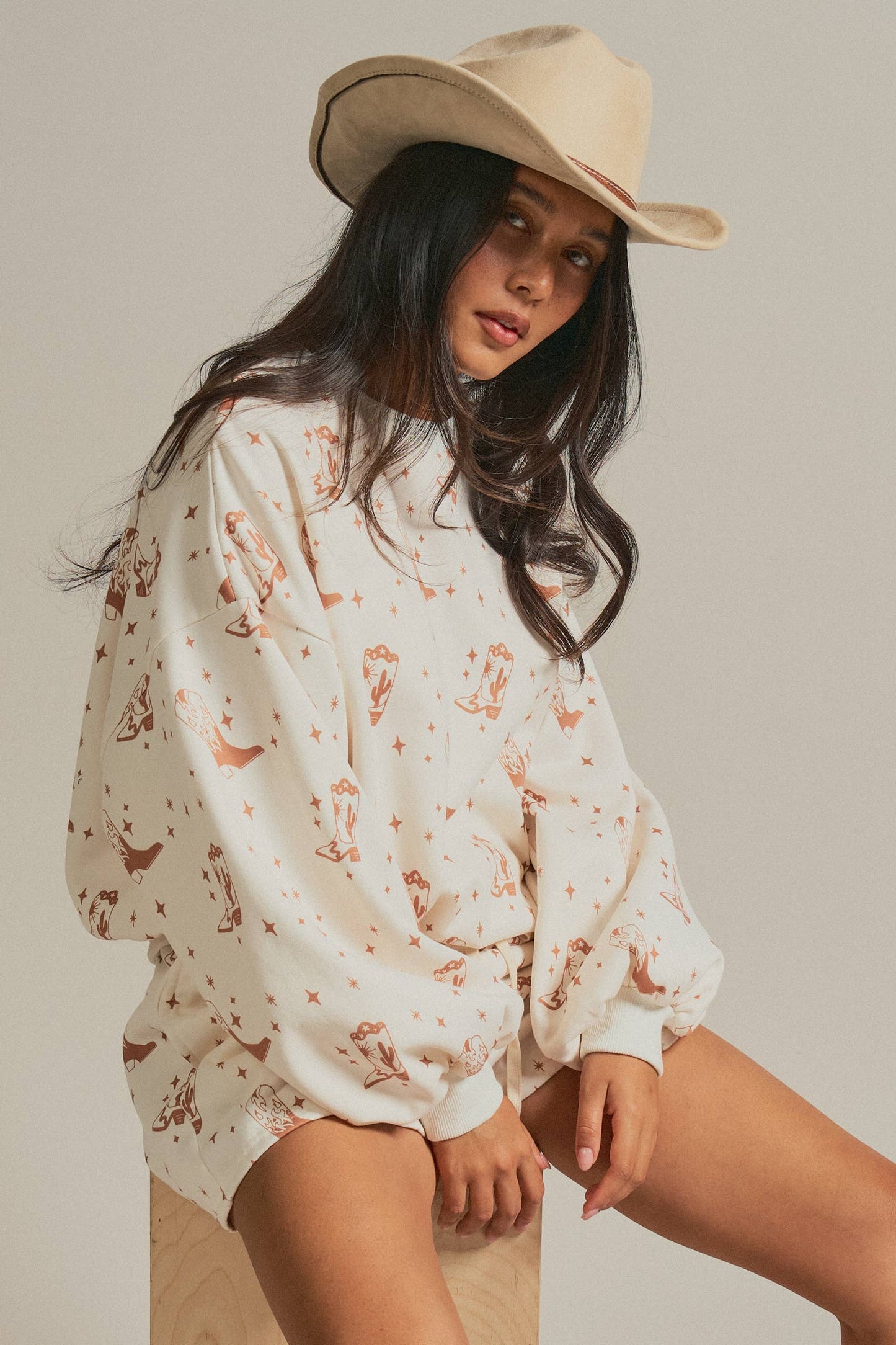 Cowboy Boot Print Sweatshirt and Shorts Set