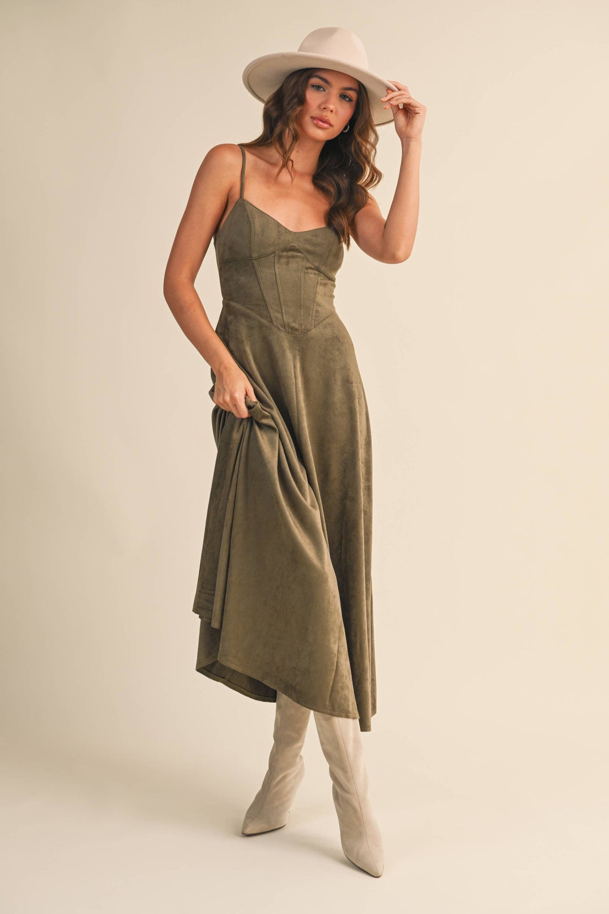 Suede Corset Flared Midi Dress