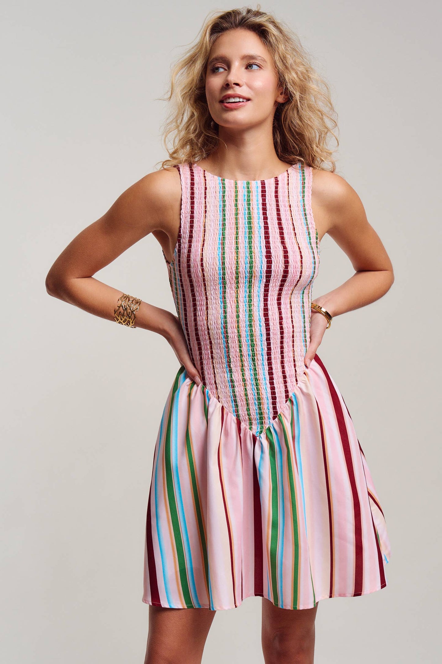 Sorbet Stripe Smocked Bodice Sleeveless Mini Dress