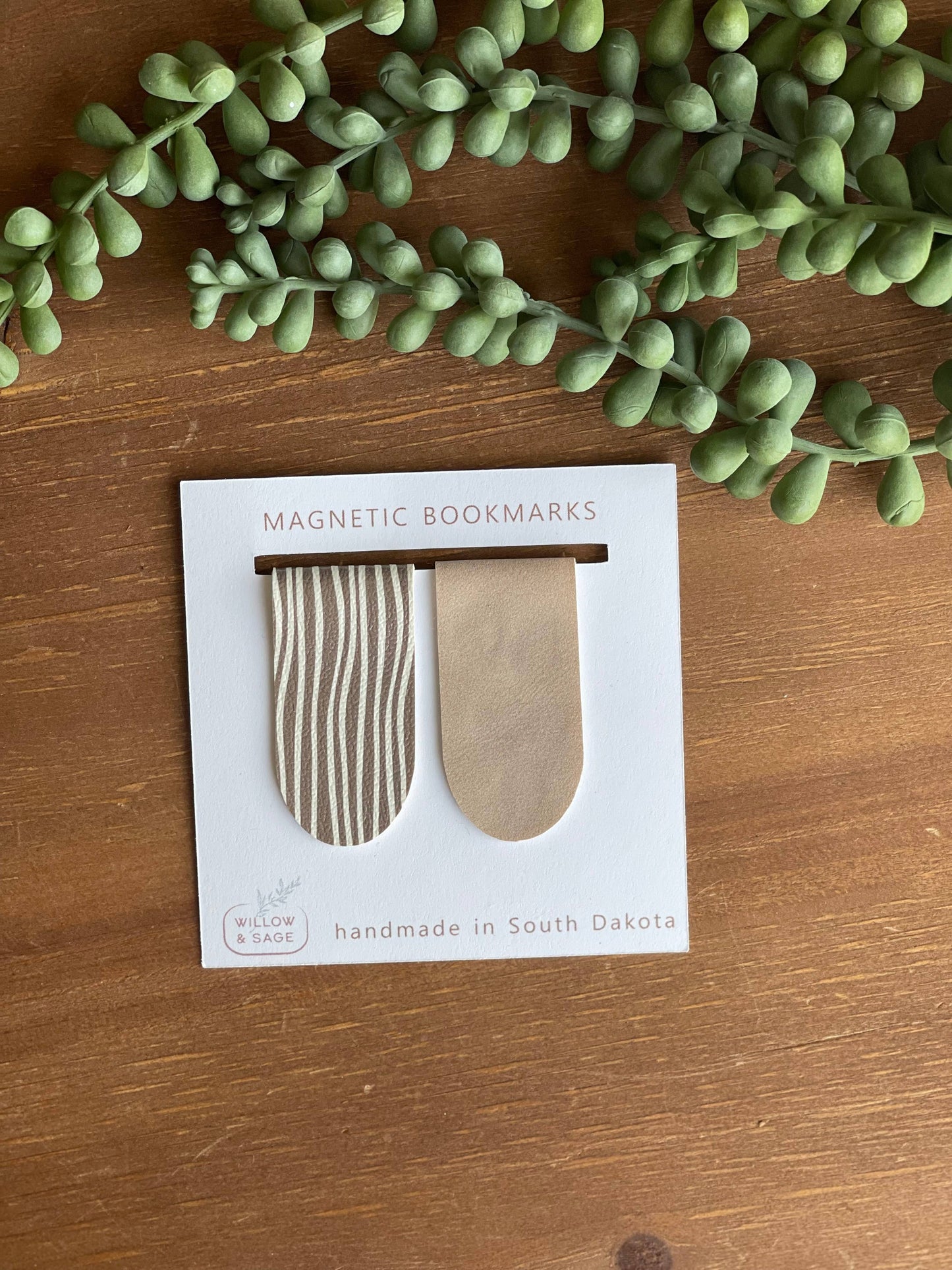 Taupe Stripe & Suede Magnetic Bookmark Pair