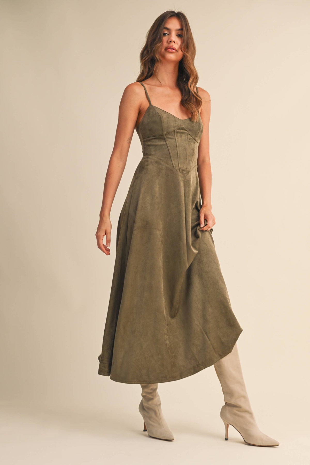 Suede Corset Flared Midi Dress