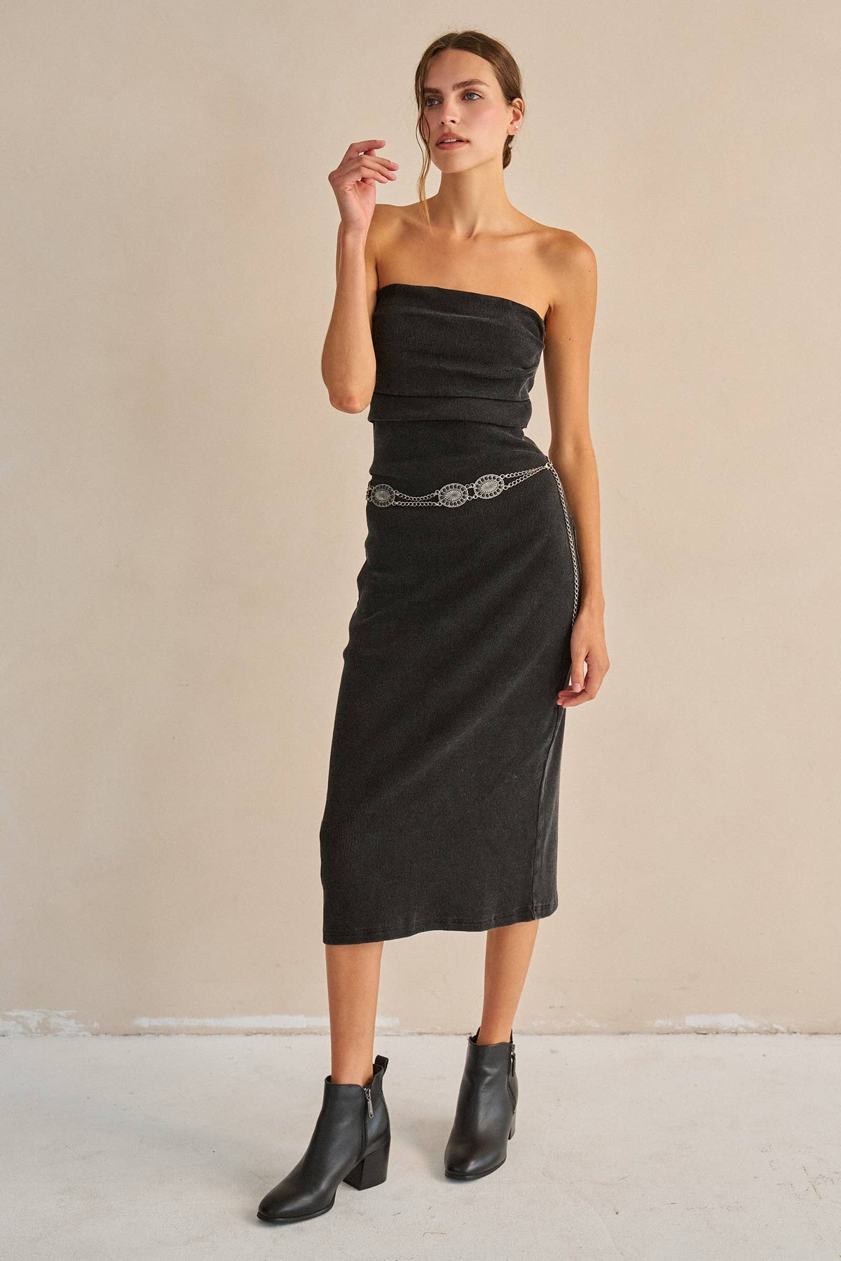 Strapless Ribbed Jersy Midi Dress