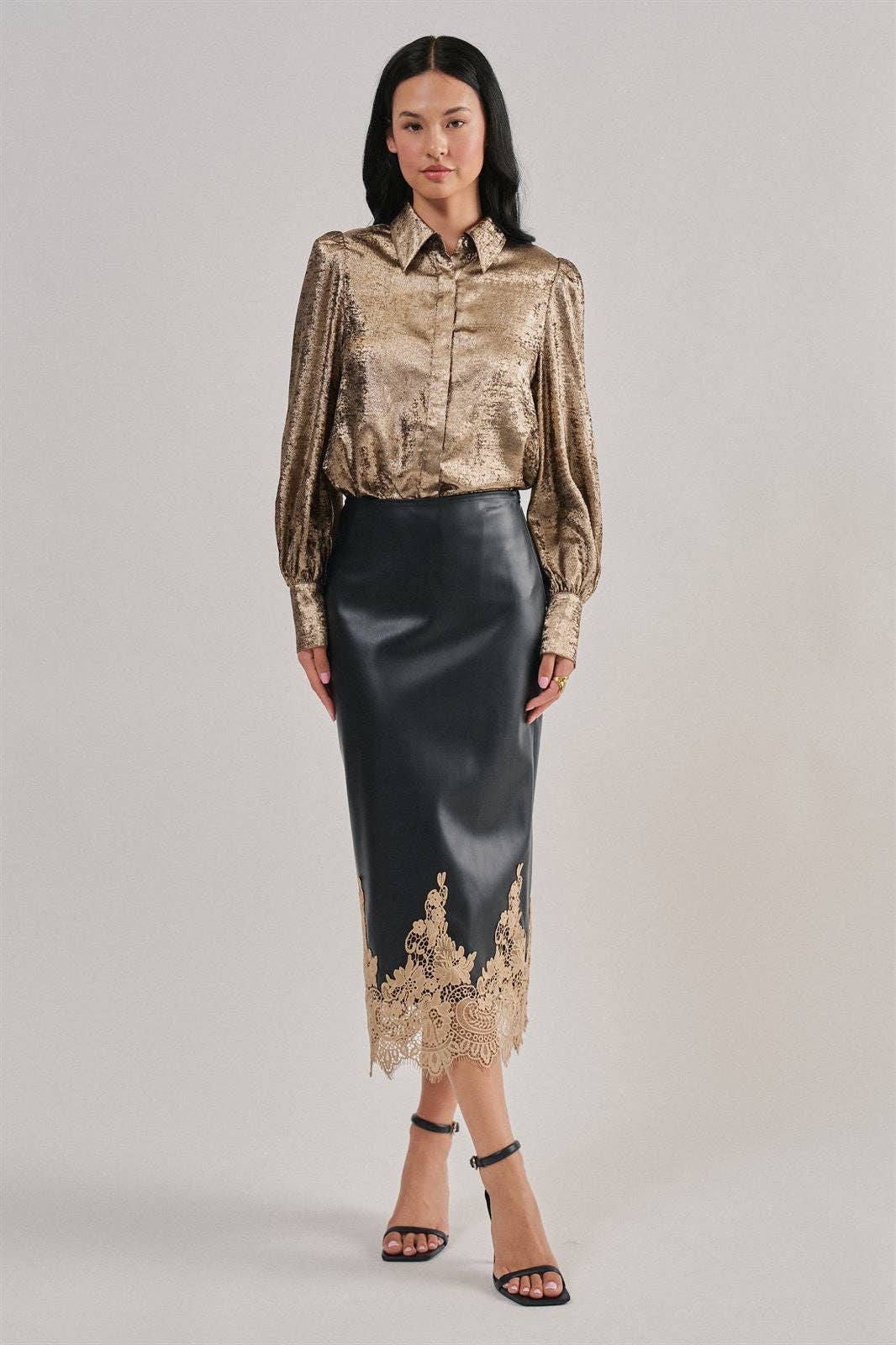 Faux Leather Midi Skirt with Lace Hem