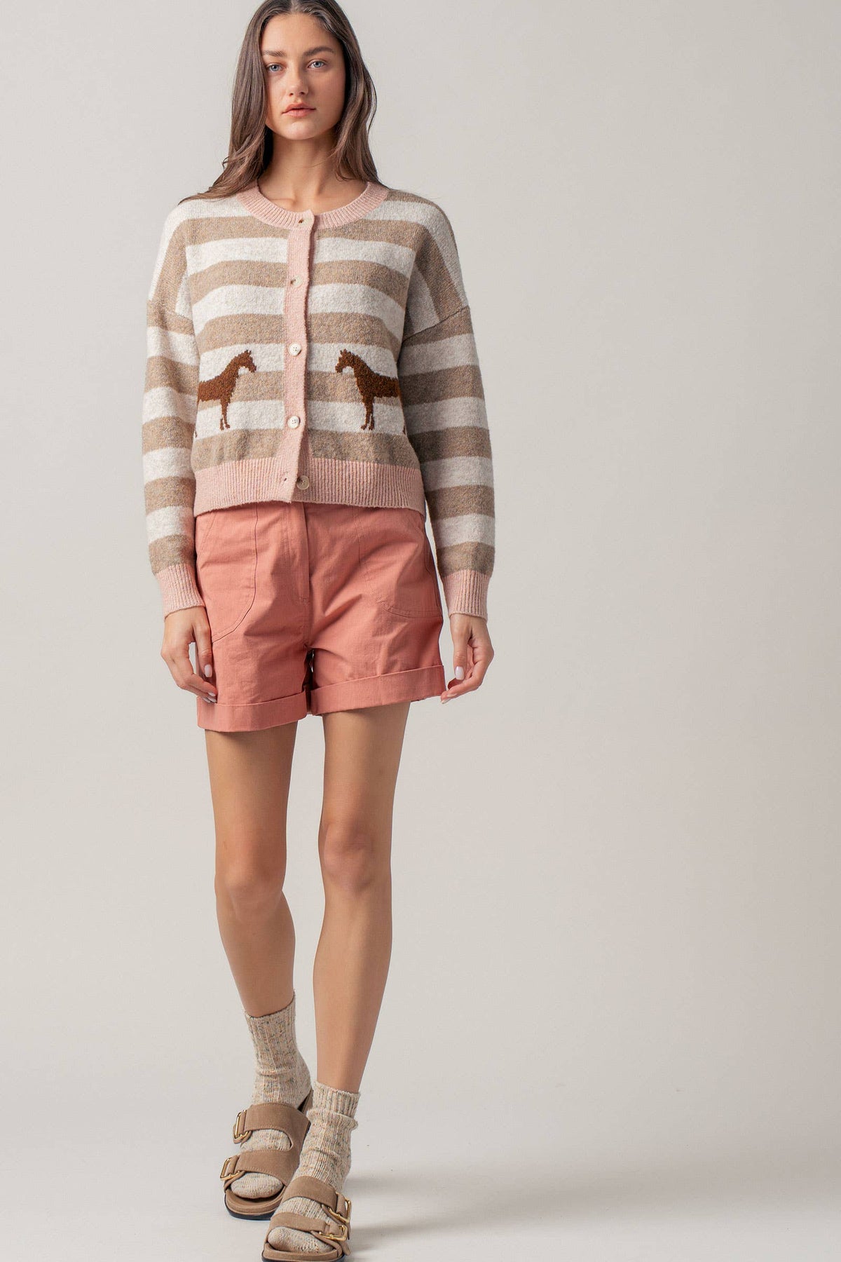 Horse Jacquard Striped Crew Neck Cardigan