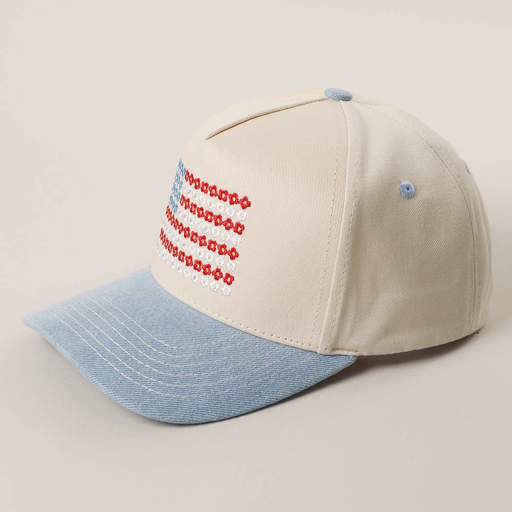 Floral American Flag Embroidered Two-Tone Denim Trucker Hat