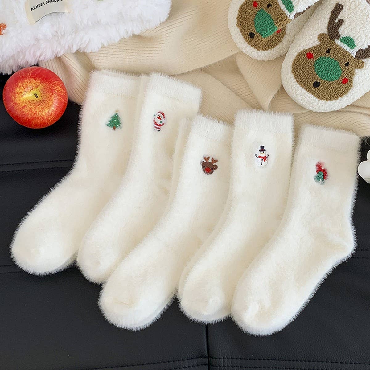 White Christmas Socks Women Fleece Warm