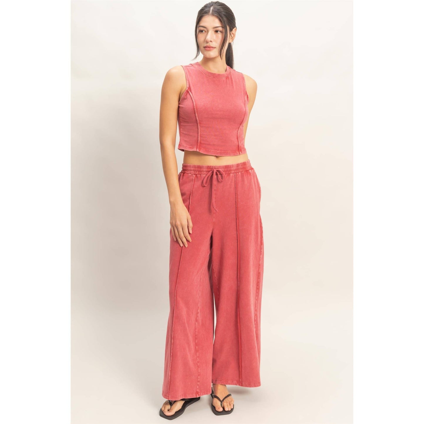 Mineral Washed Sleeveless Top & Wide Leg Pants Set: DARK RED