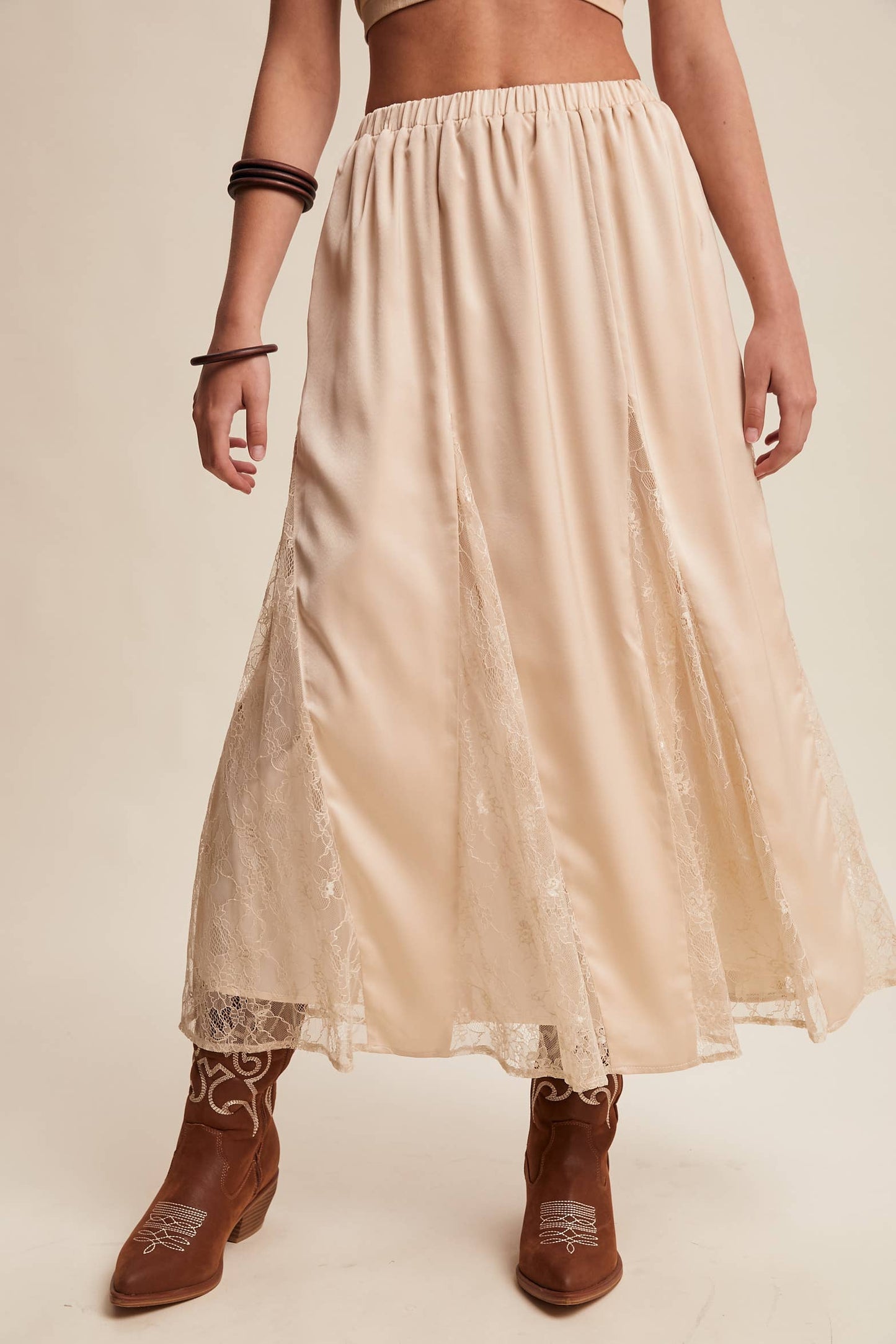 Lace Inset Satin Midi Skirt