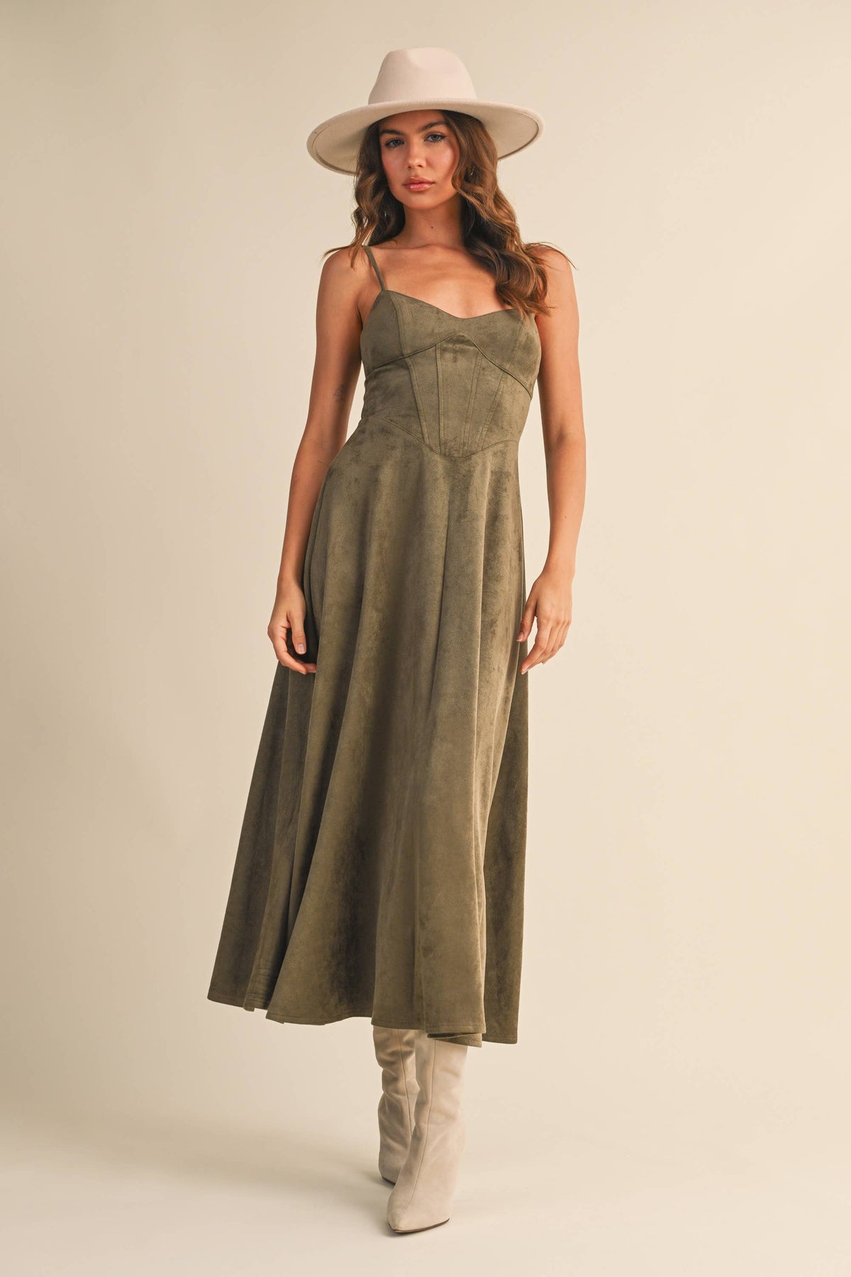 Suede Corset Flared Midi Dress