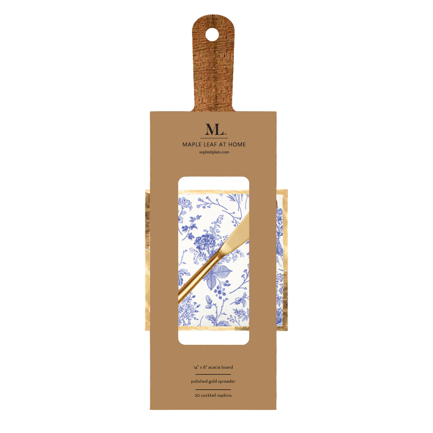 14x8" Acacia Board w/ Handle Gold Spreader, Timeless Napkin