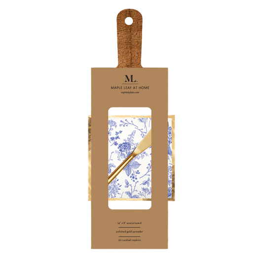 14x8" Acacia Board w/ Handle Gold Spreader, Timeless Napkin