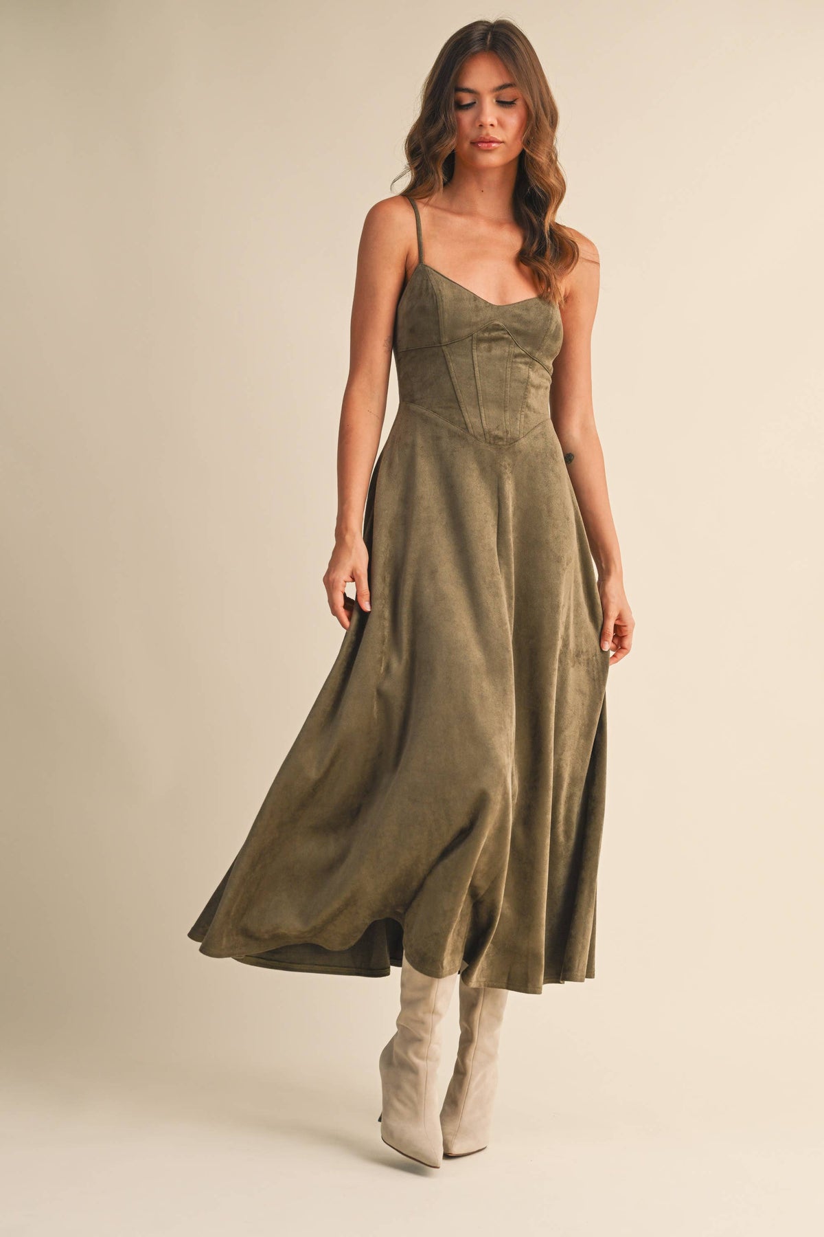 Suede Corset Flared Midi Dress