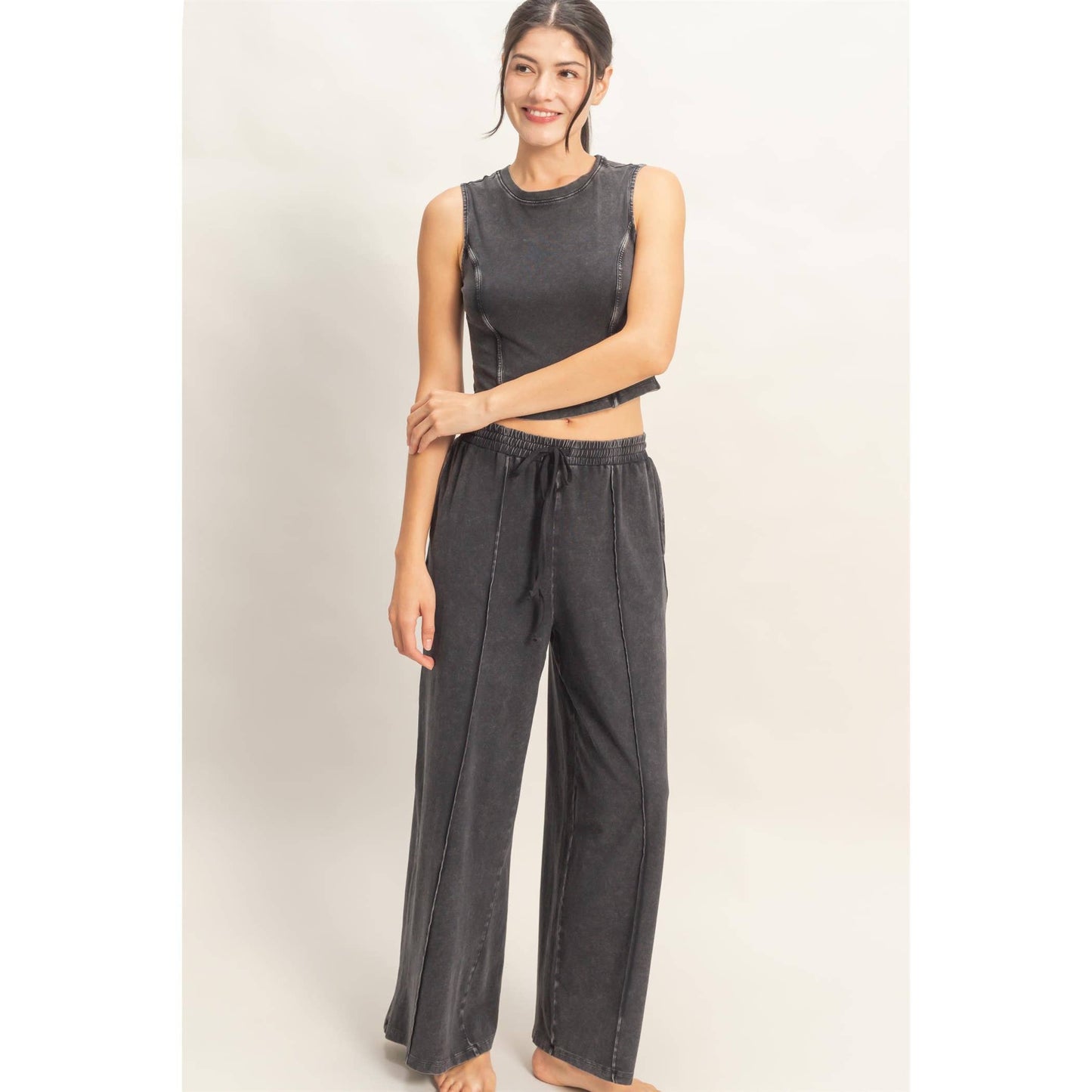 Mineral Washed Sleeveless Top & Wide Leg Pants Set: