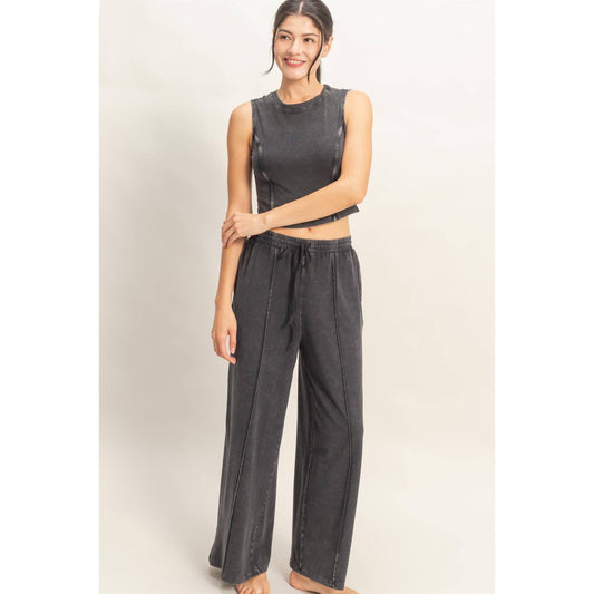 Mineral Washed Sleeveless Top & Wide Leg Pants Set: