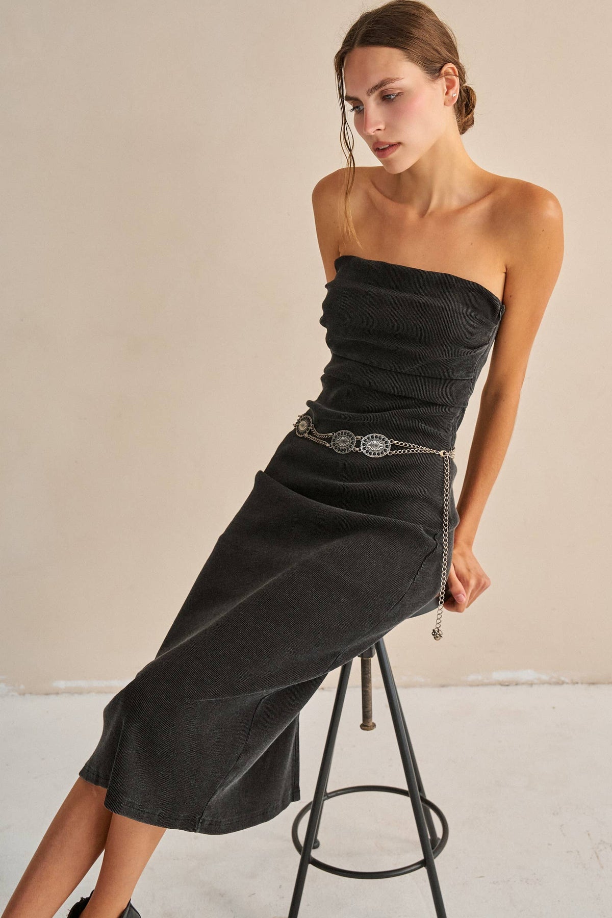 Strapless Ribbed Jersy Midi Dress