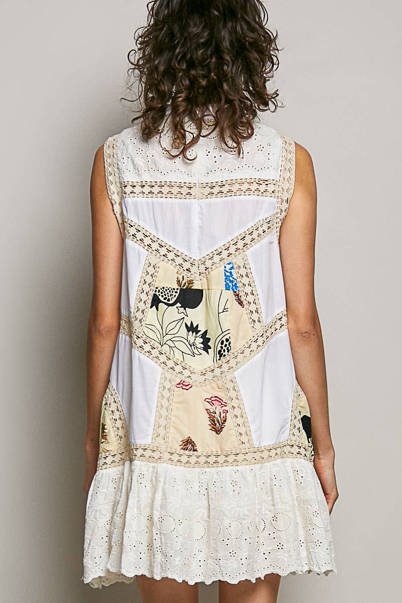 Boho Printed Scalloped Edge Eyelet Lace Mini Dress