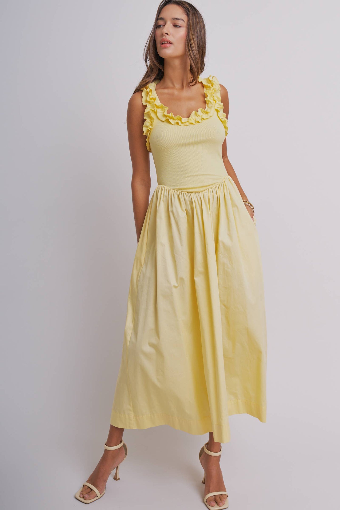 Ribbed Knit & Poplin Drop Waist Midi Dress