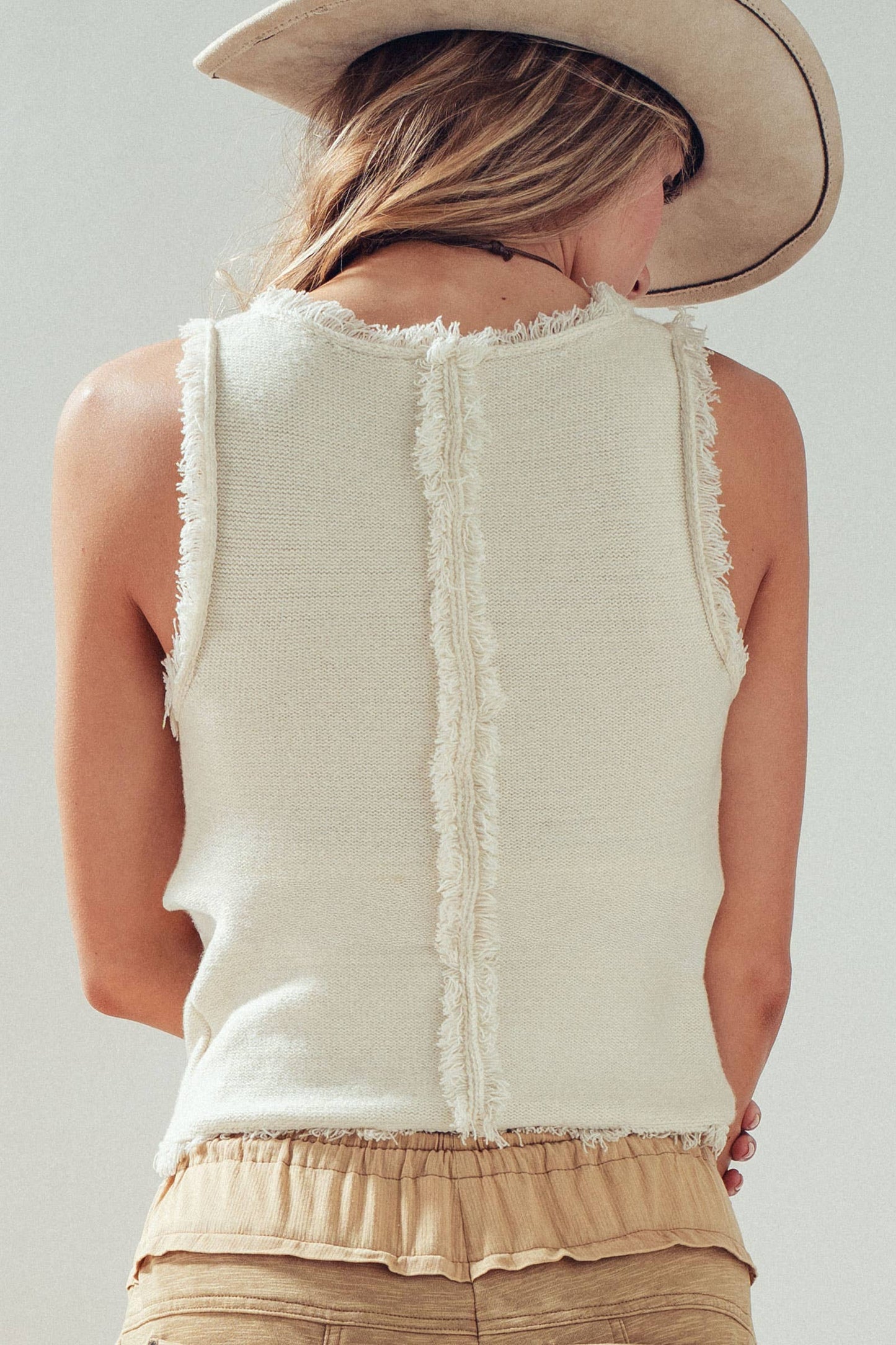 Frayed Trim Knit Sleeveless Top