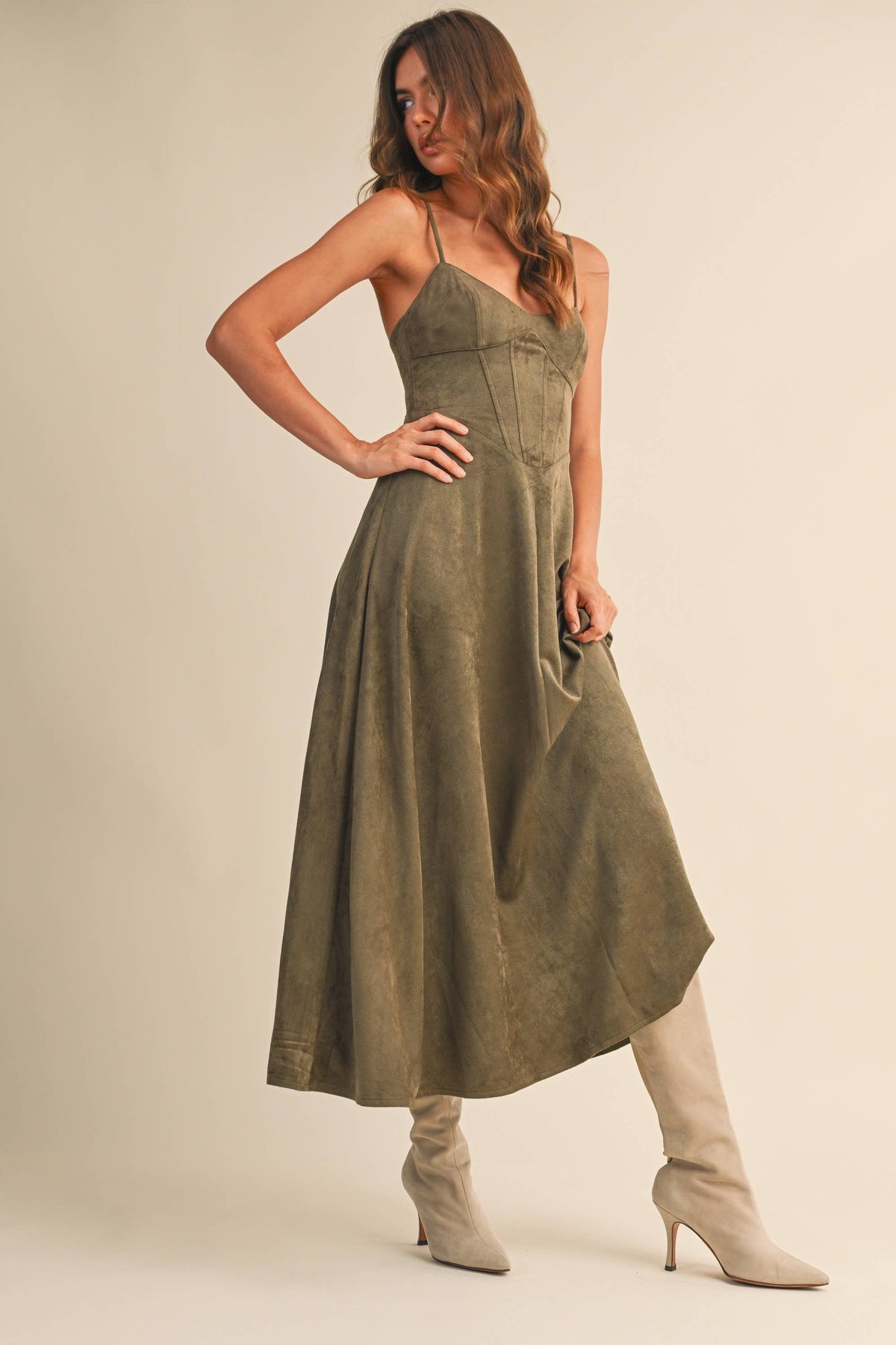 Suede Corset Flared Midi Dress