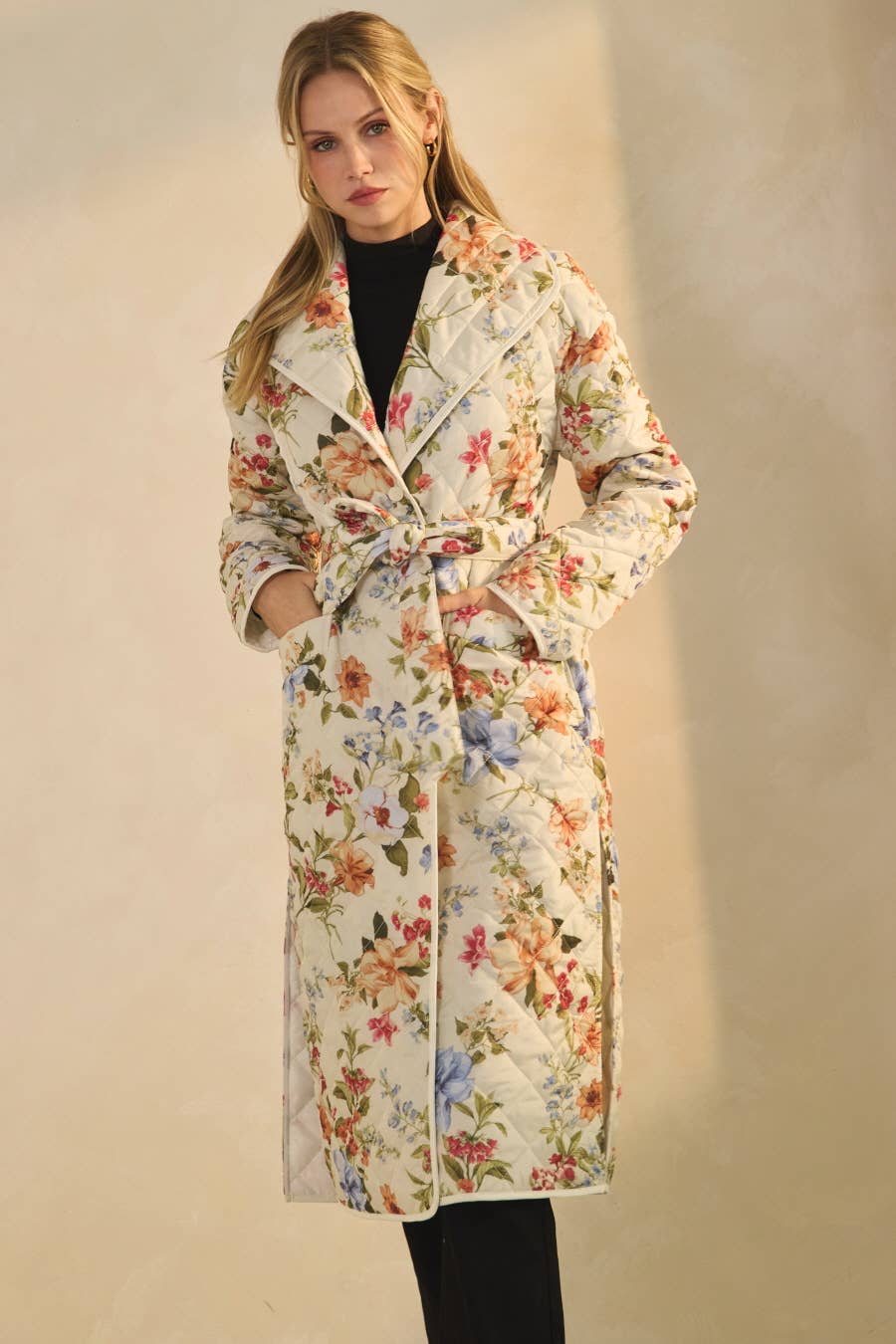 Quilted Floral Printed Belted Coat