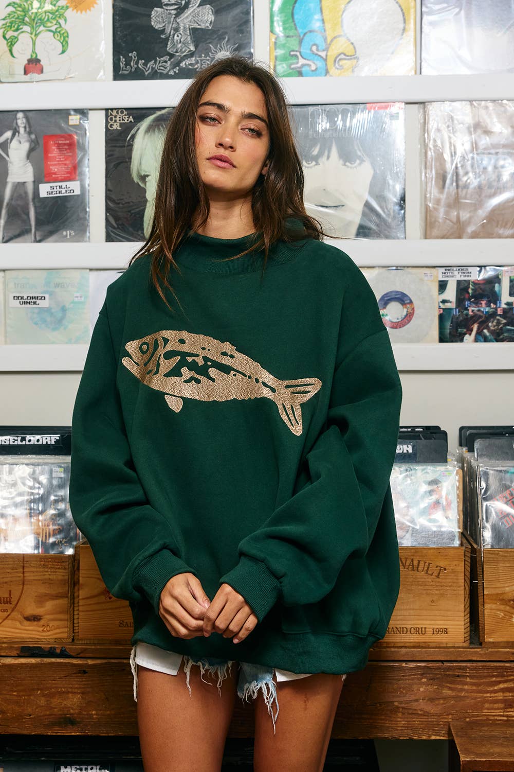 Fish-Embroidered Mock-Neck Sweatshirt