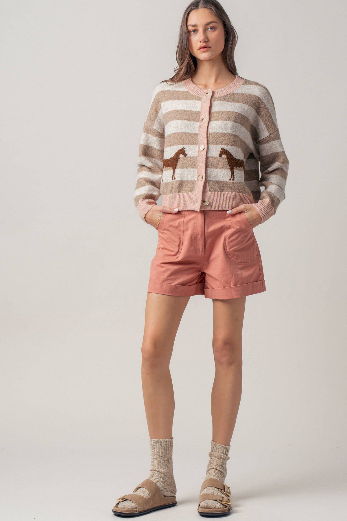 Horse Jacquard Striped Crew Neck Cardigan