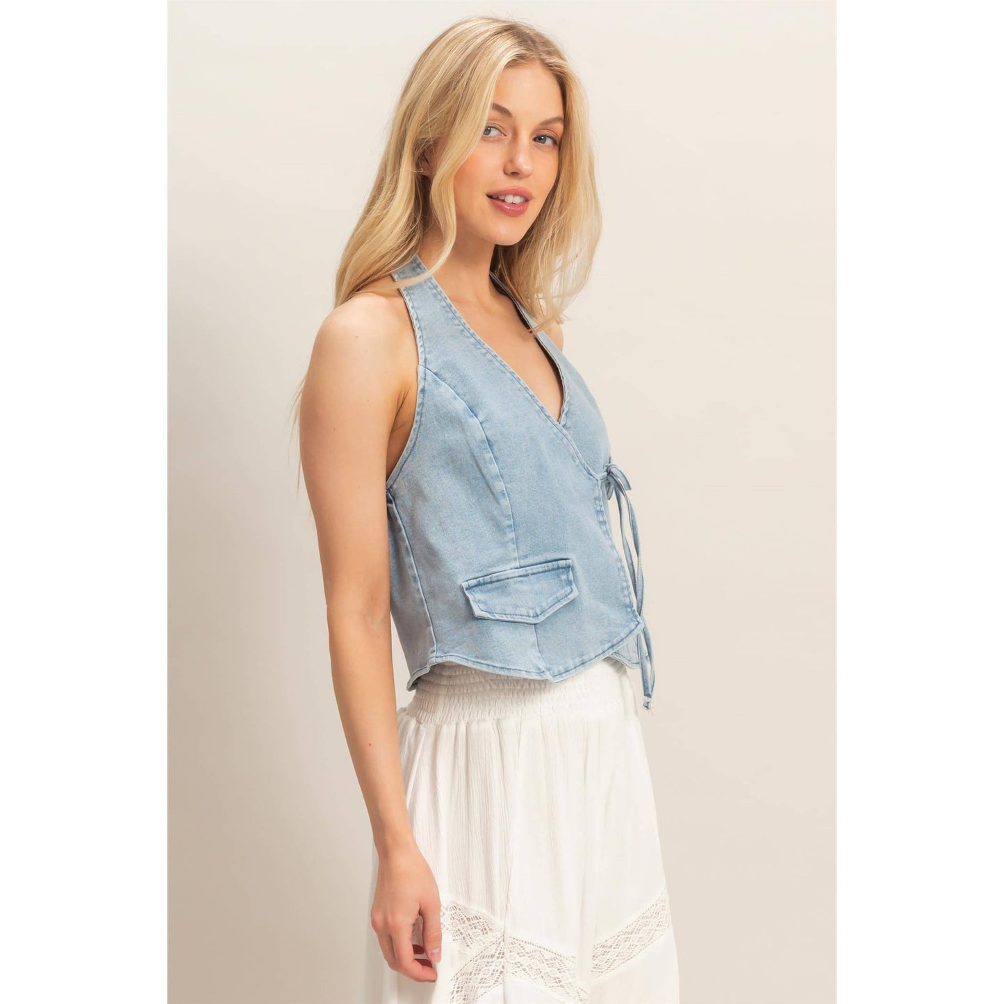Denim Halter Wrap Top