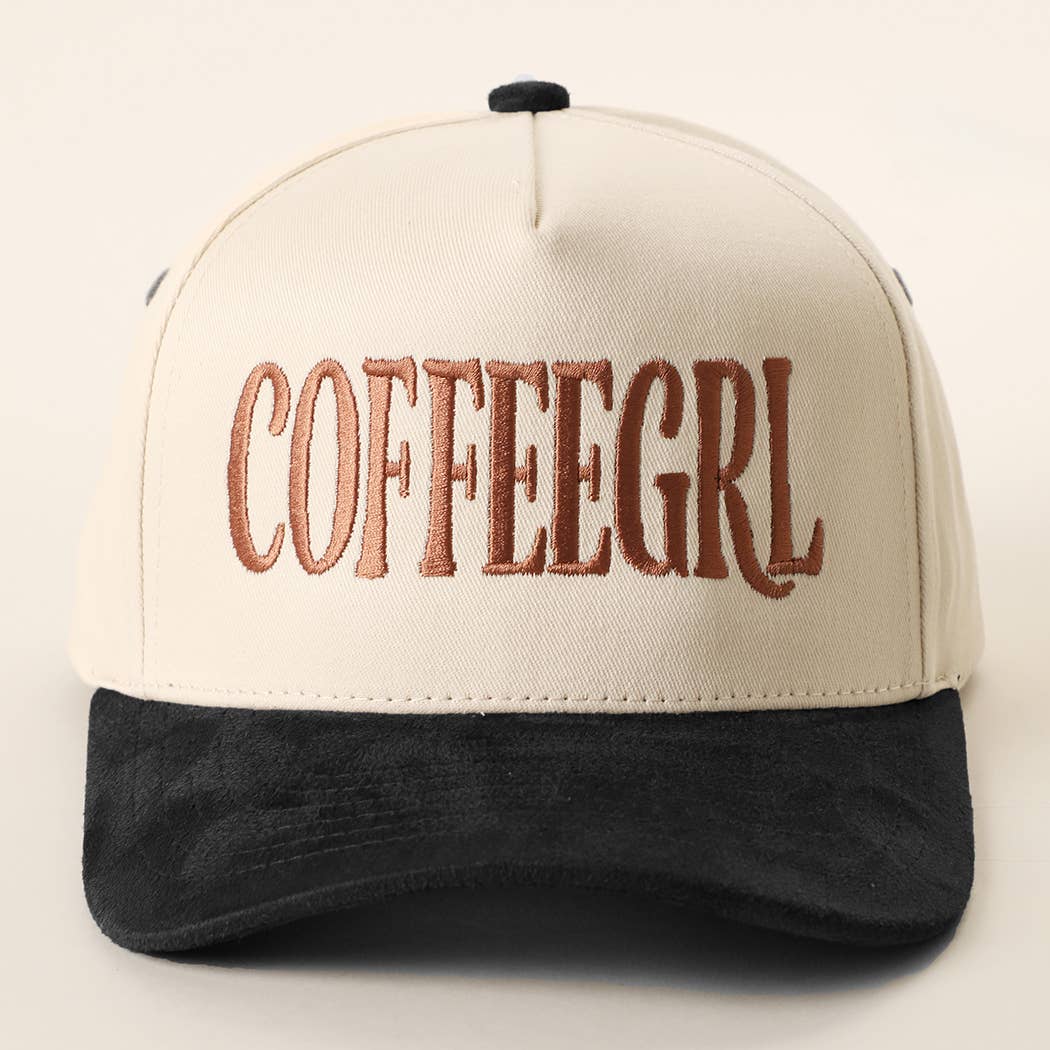 COFFEE GRL Embroidered Two-Tone Suede Brim Trucker Hat