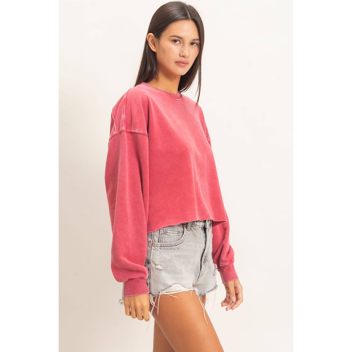 Mineral Wash Raw Hem Cropped Sweatshirt