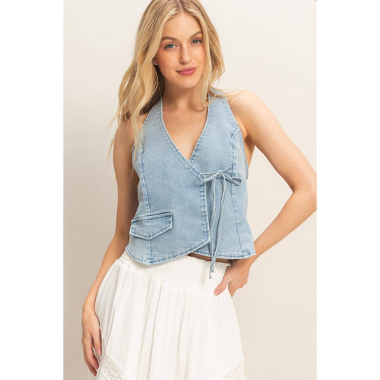 Denim Halter Wrap Top