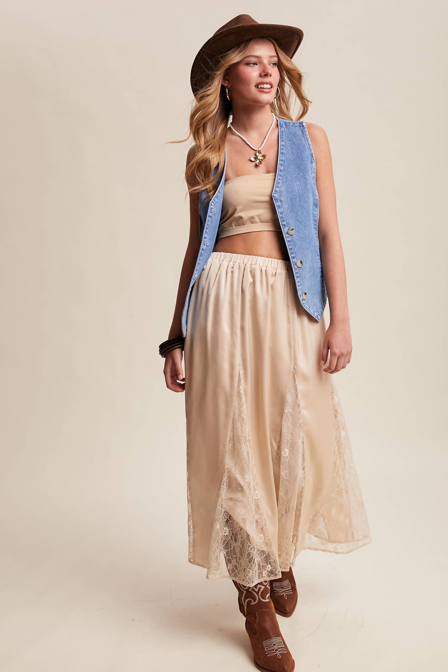 Lace Inset Satin Midi Skirt