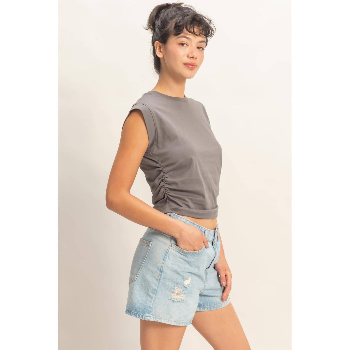 Ruched Waist Sleeveless Cotton Top