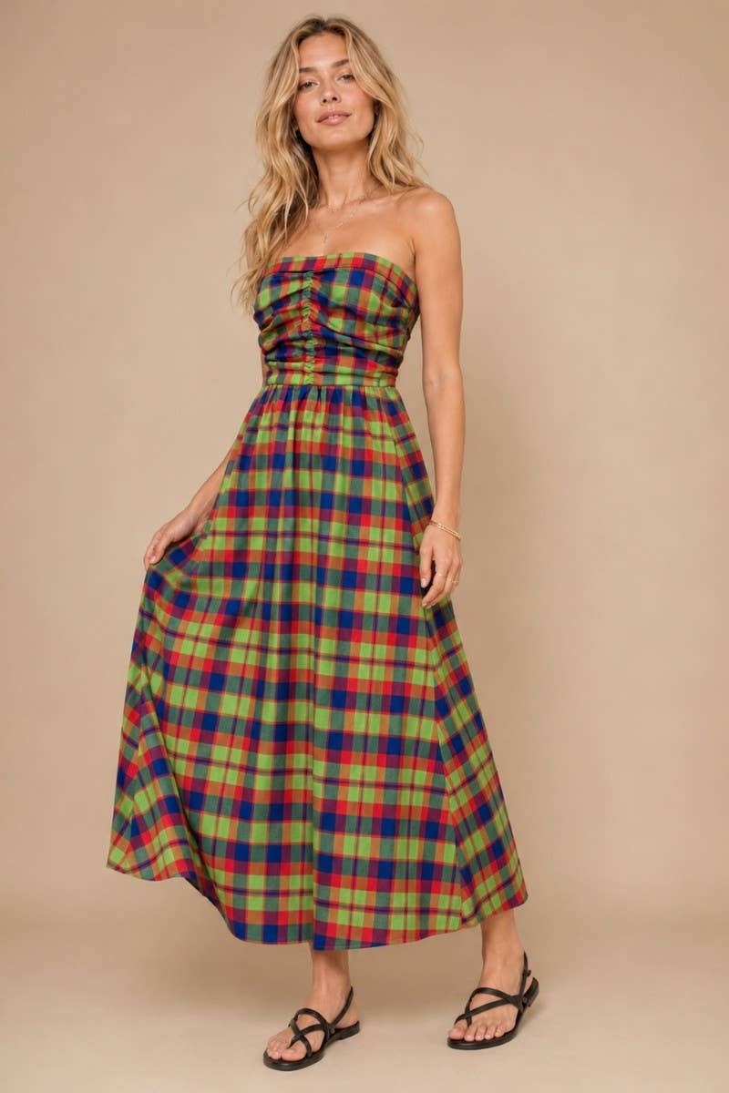 Plaid Strapless Maxi Dress