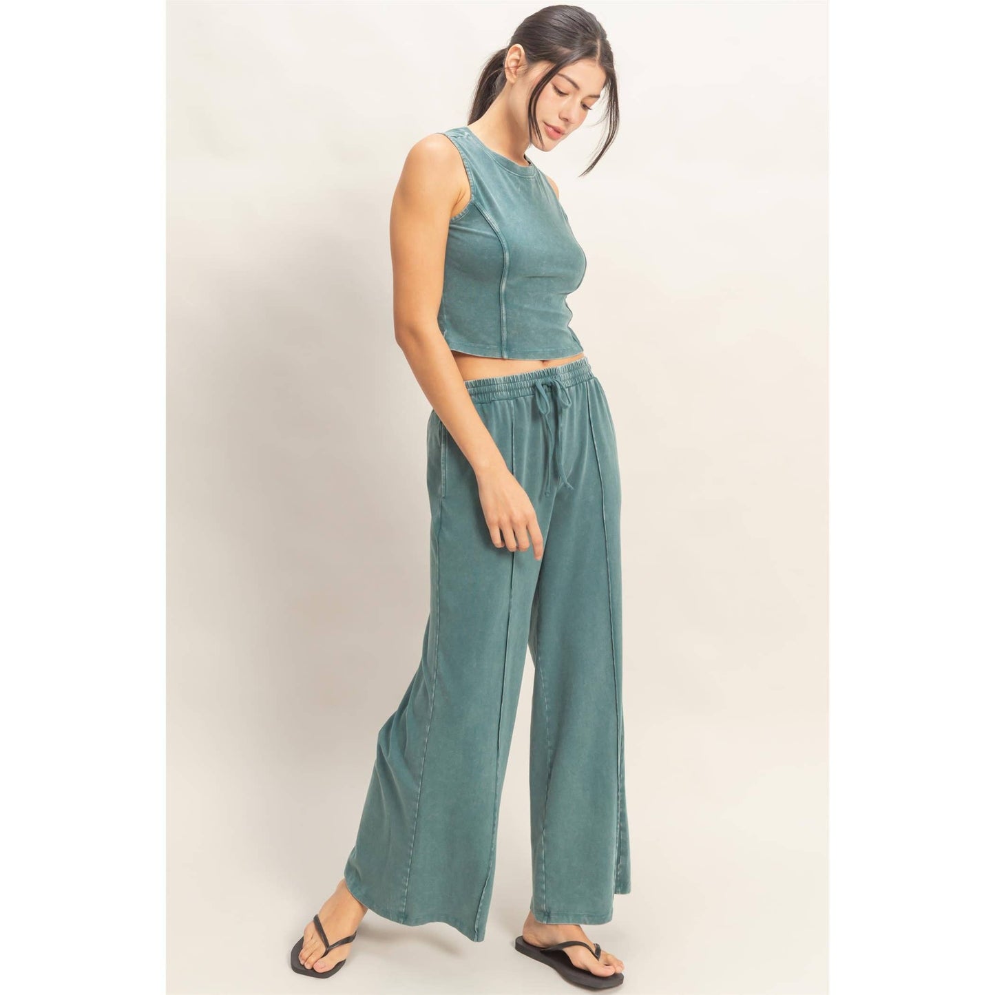 Mineral Washed Sleeveless Top & Wide Leg Pants Set: