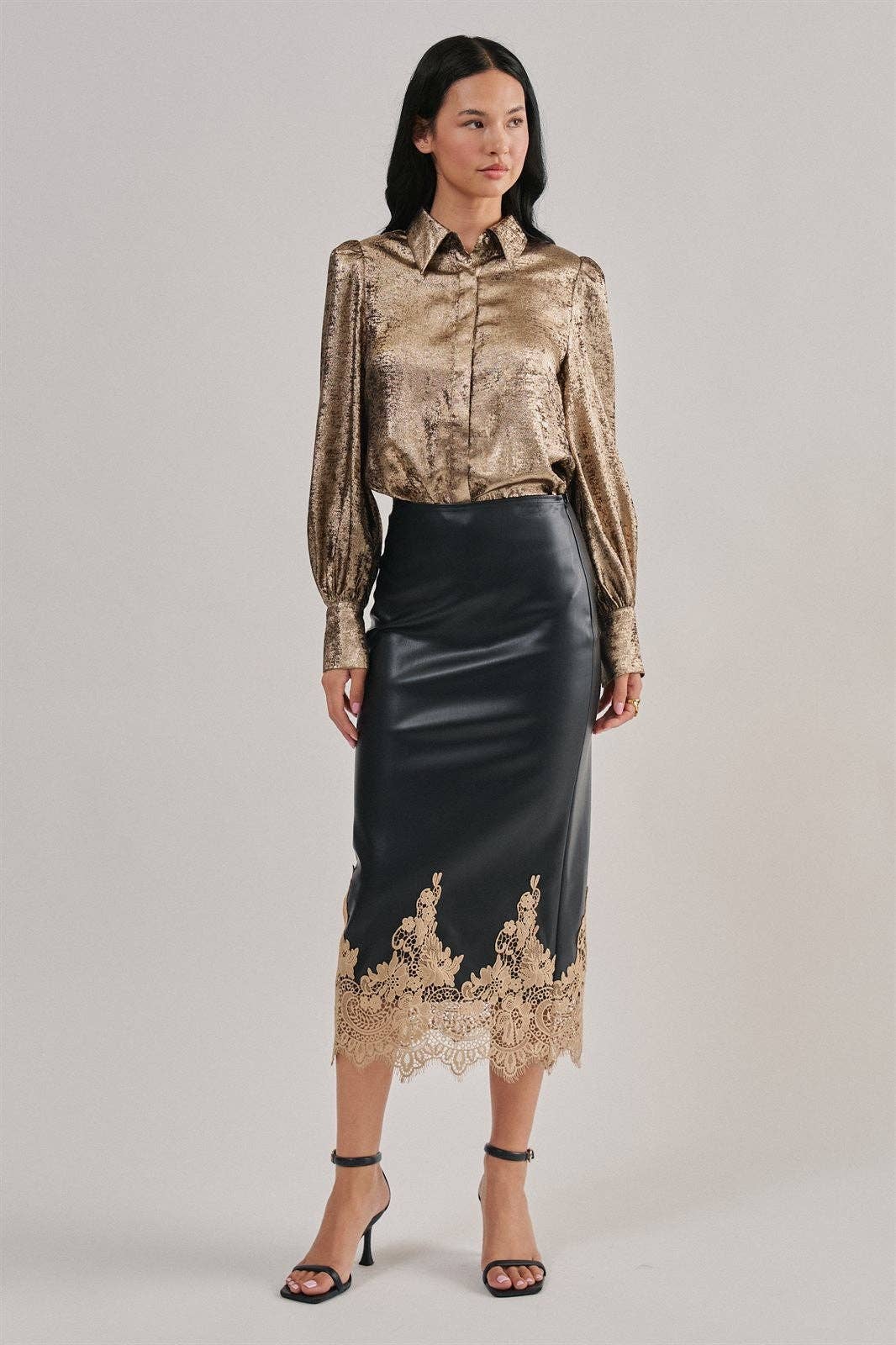 Faux Leather Midi Skirt with Lace Hem