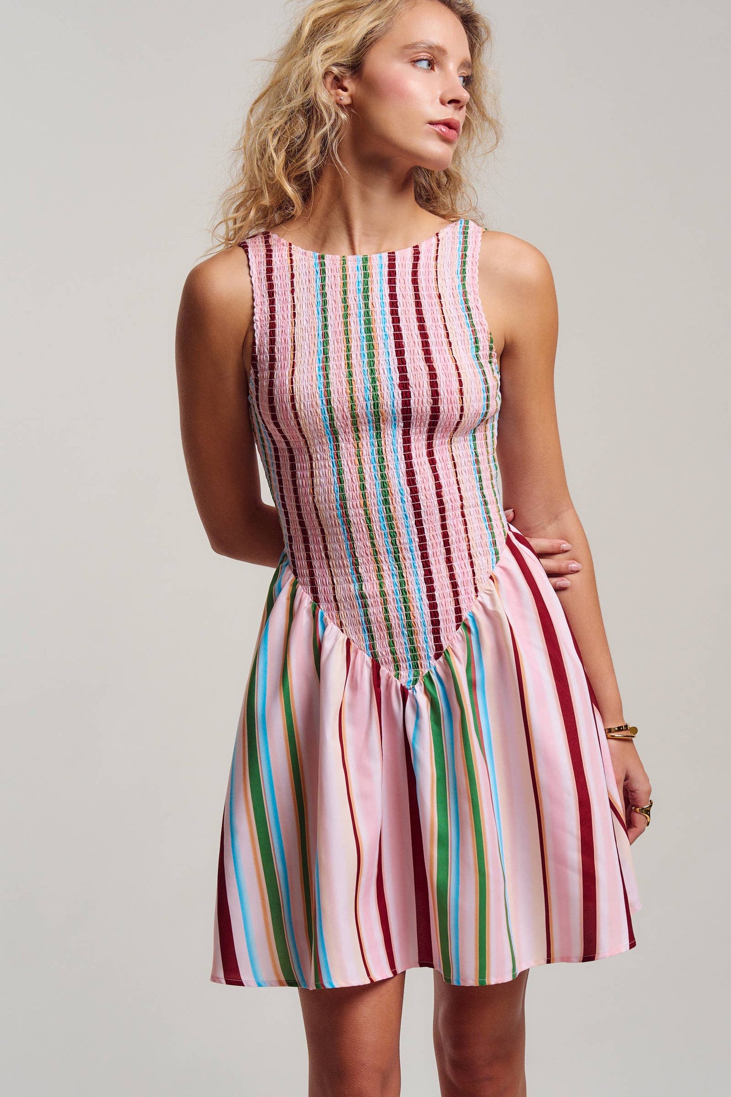 Sorbet Stripe Smocked Bodice Sleeveless Mini Dress