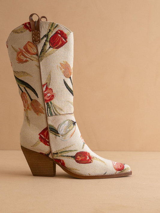 The Tesha | Beige Tulip Floral Cowboy Boot