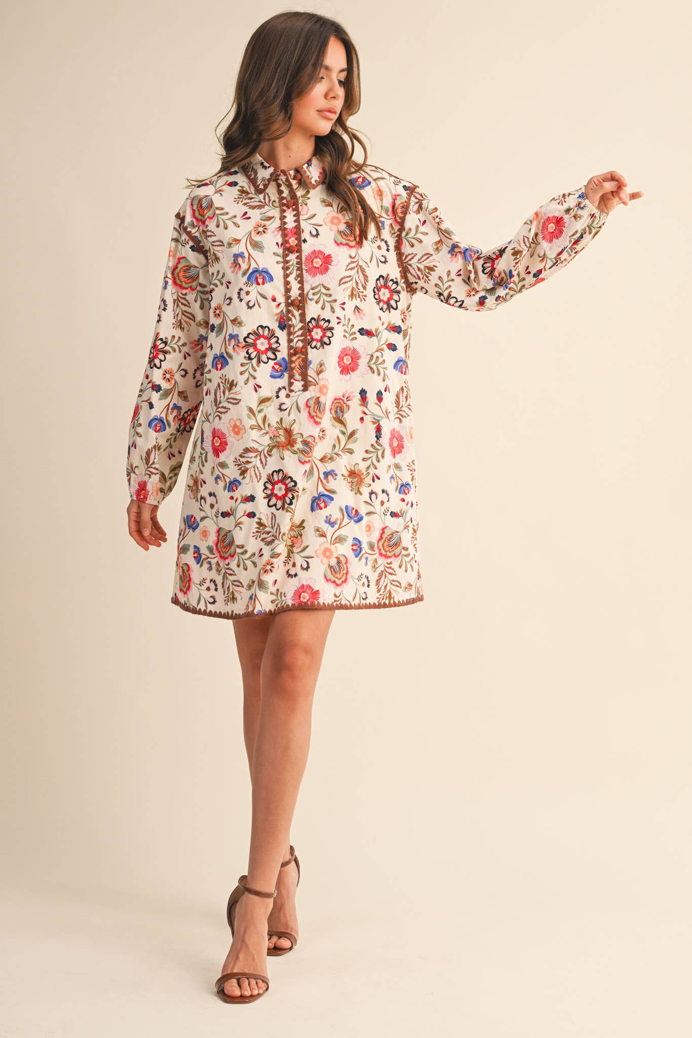 Blanket Stitch Buttoned Mini Dress