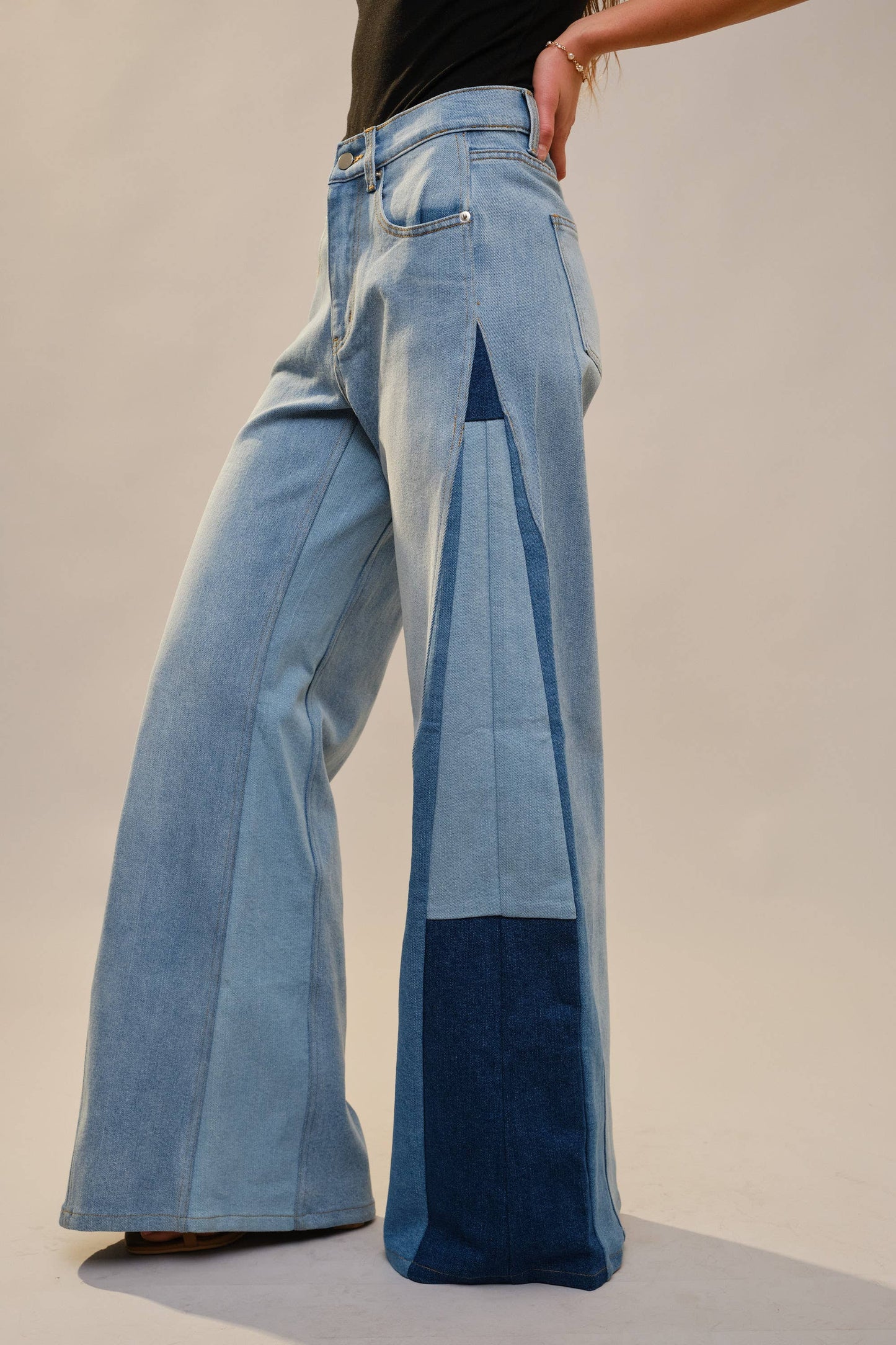 High Rise Wide Leg Color Block Jeans