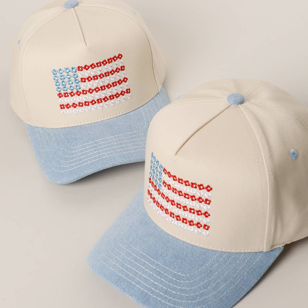 Floral American Flag Embroidered Two-Tone Denim Trucker Hat