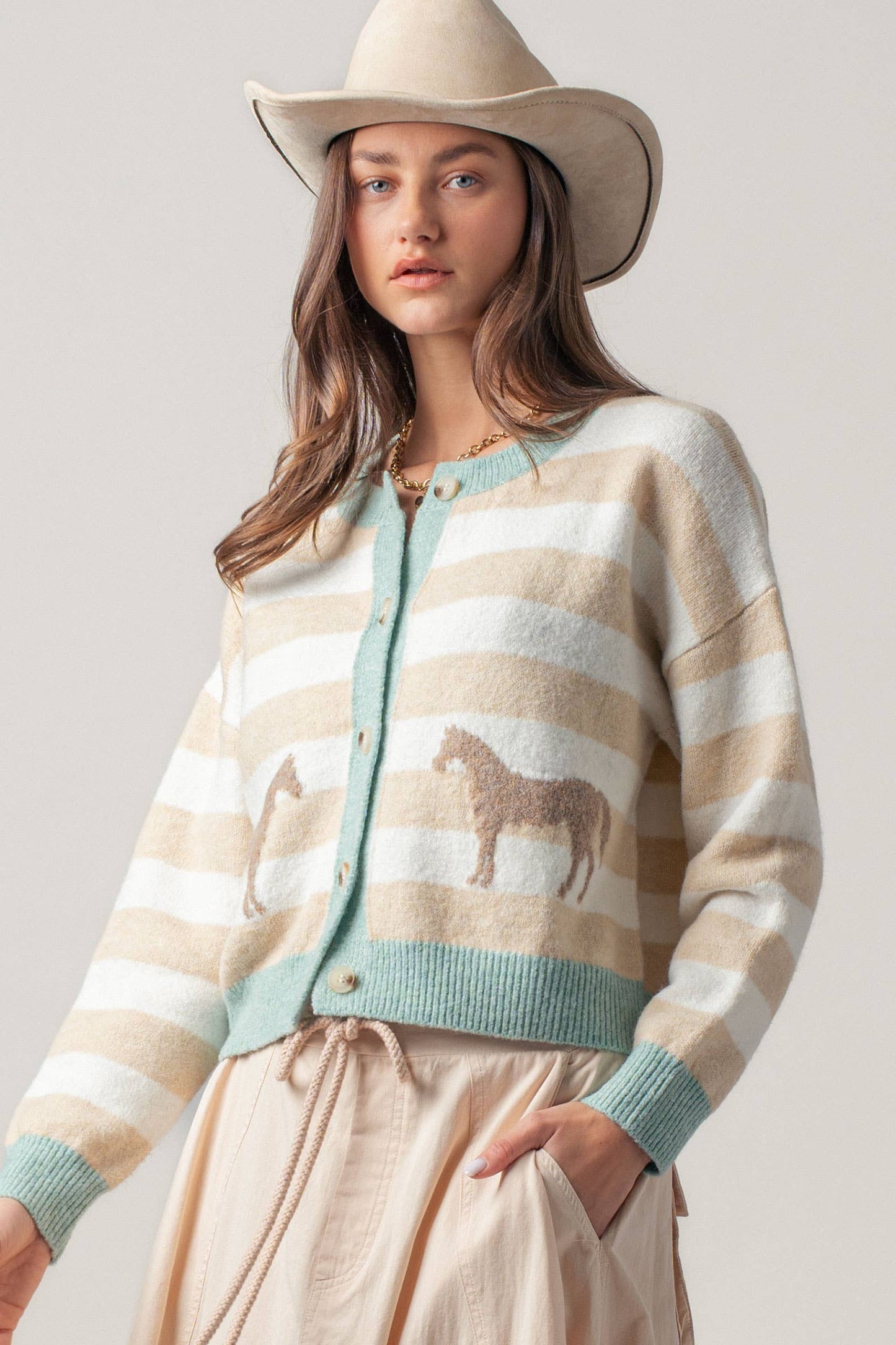 Horse Jacquard Striped Crew Neck Cardigan