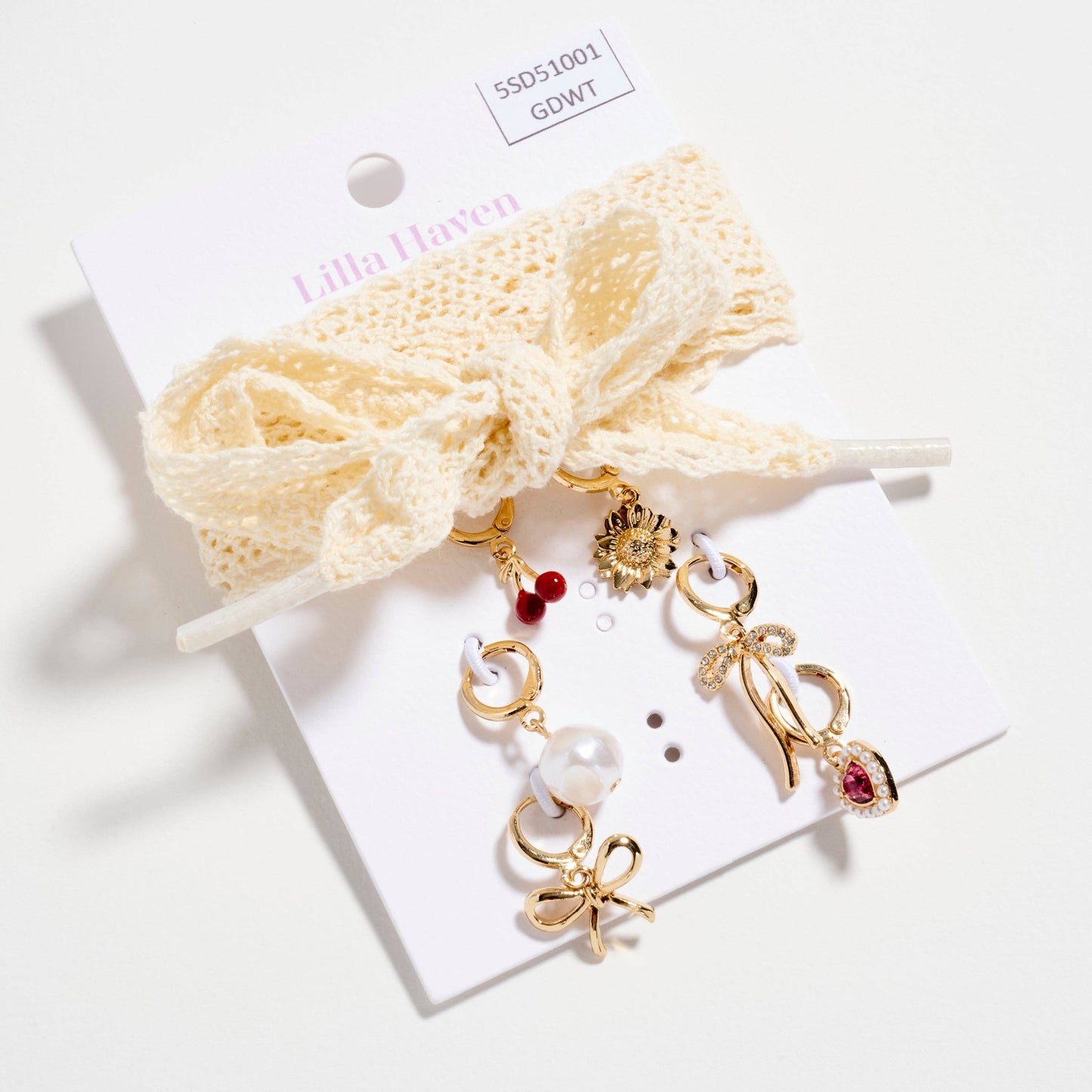 Lace Shoelace Charm Set – Gold-Tone Bow, Heart, and Pearl Accents