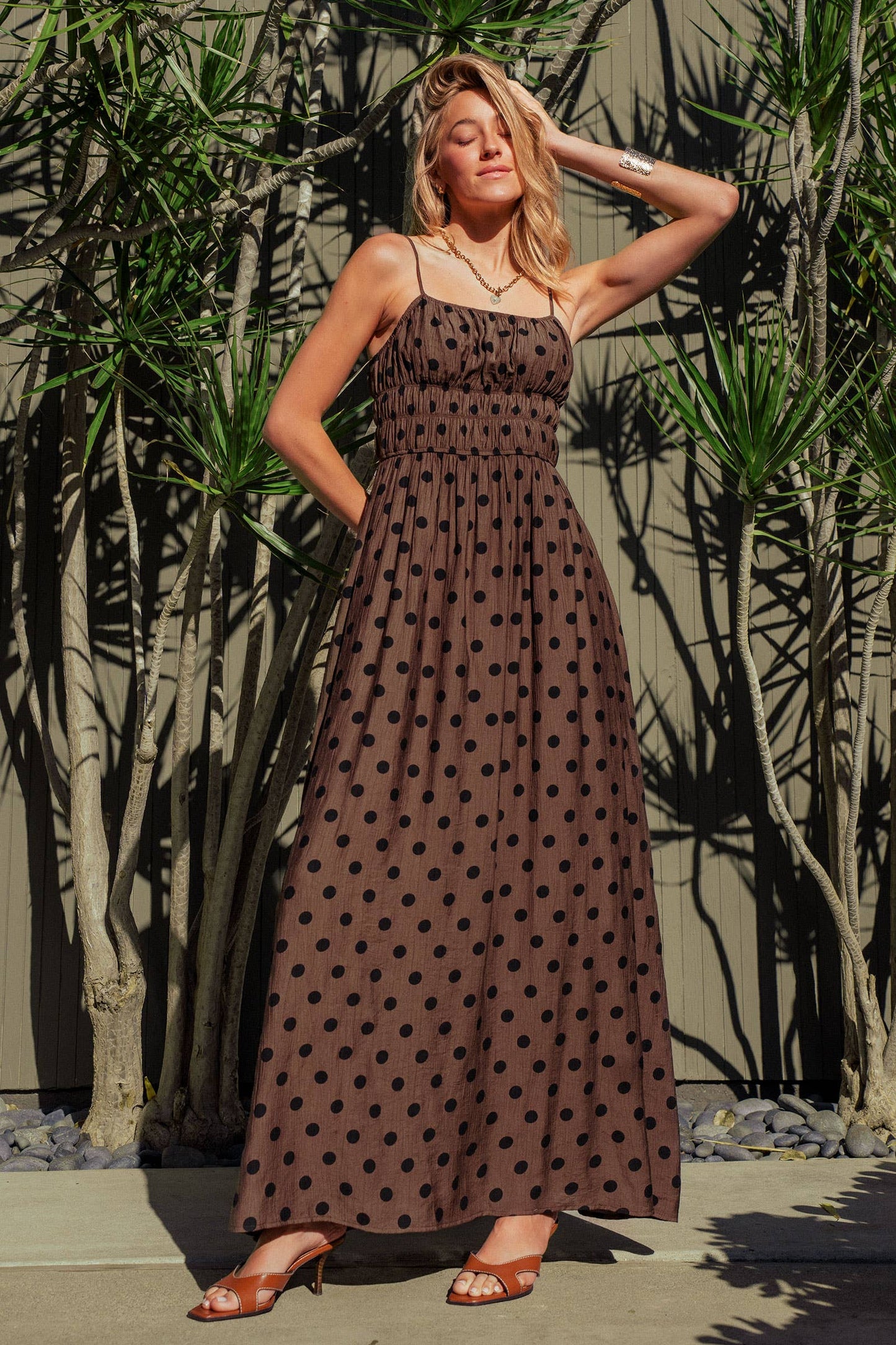 Polka Dot Smocked Maxi Dress Linen Blend